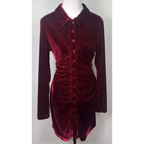 House of Harlow 1960 Red Velvet Ruched Button Front Dress Size Medium - Picture 2 of 8